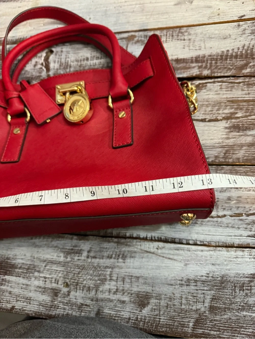 Michael Kors Red Saffiano Satchel with Gold-Tone Lock